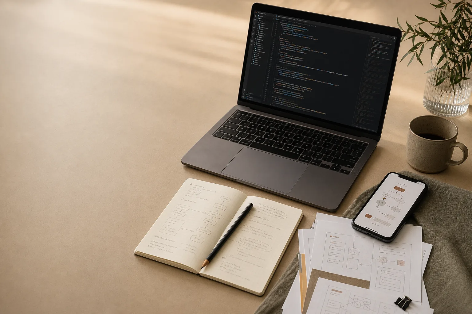 Laptop, appflöde och planering för AI-driven utveckling