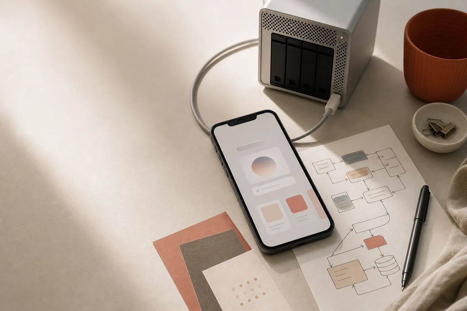 Telefon, systemskiss och server för AI-integrationer
