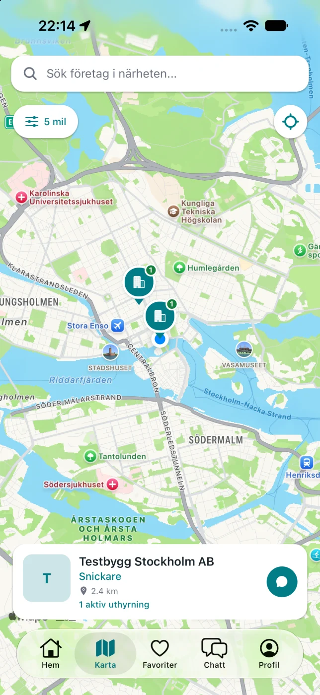 Minévias kartvy med företagsmarkörer och en aktiv personalannons