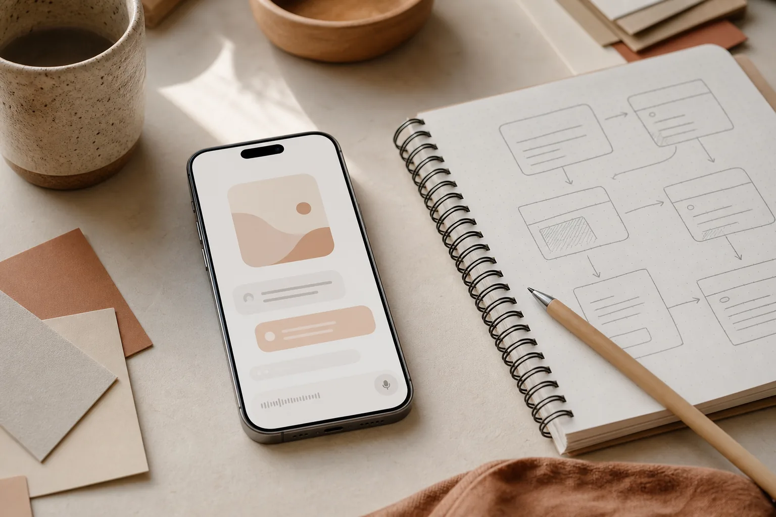 Modern iPhone med Dynamic Island bredvid ett skissat AI-flöde
