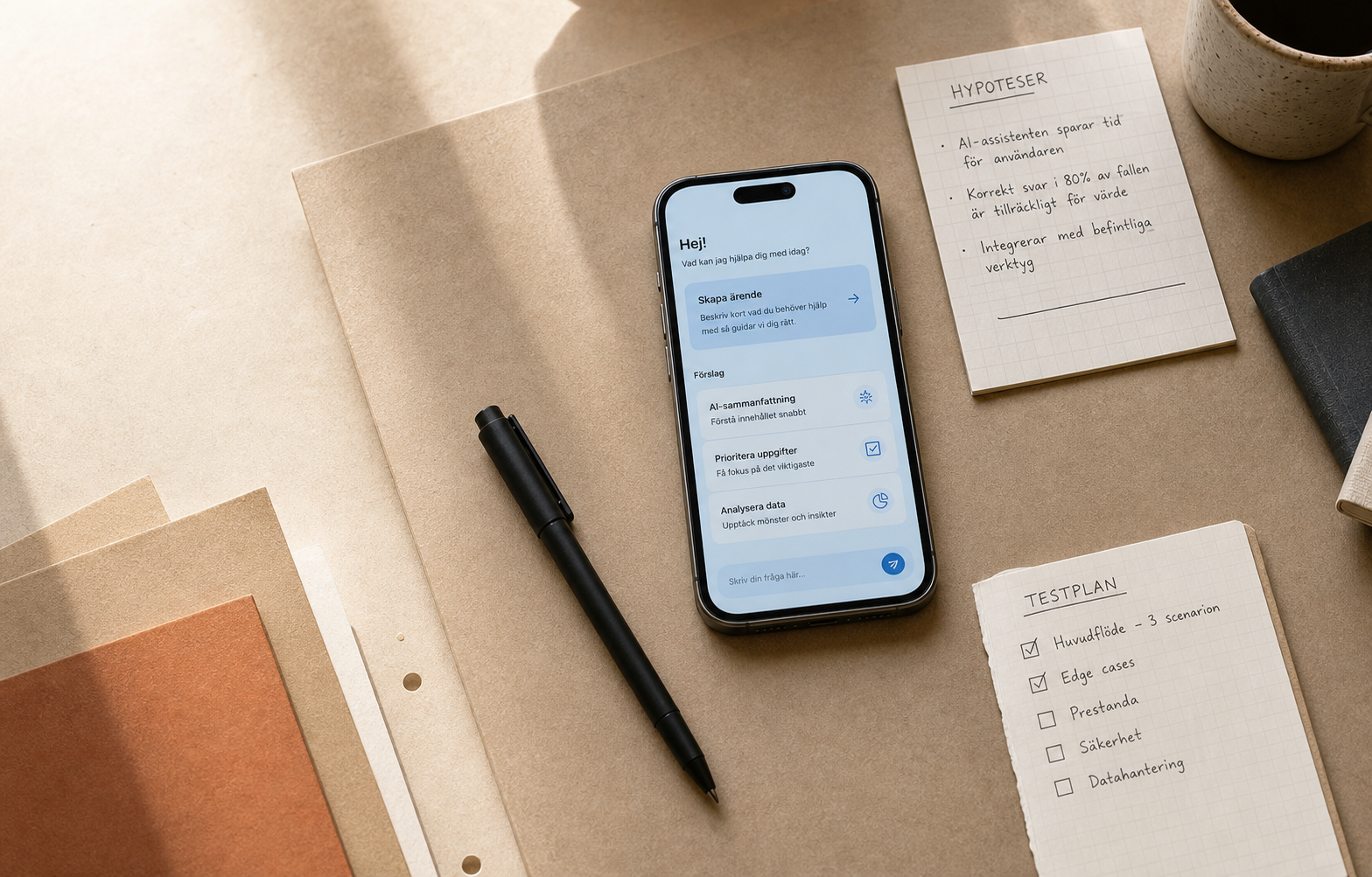 Arbetsbord med en app-prototyp, hypoteser och en testplan